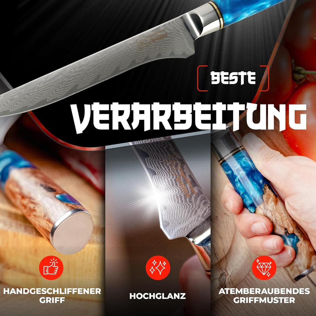 Tsume Filetiermesser Saphir, Klingenlänge 15cm, Echtes Damast Küchenmesser, 67 Schichten VG10 Edelst