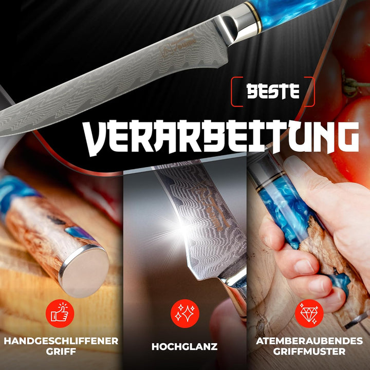 Tsume Filetiermesser Saphir, Klingenlänge 15cm, Echtes Damast Küchenmesser, 67 Schichten VG10 Edelst