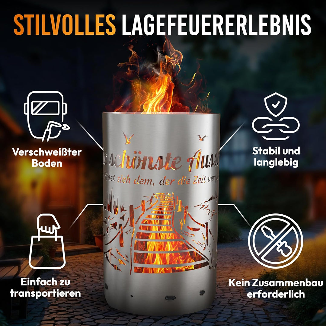 TiKo-Design Feuertonne Strand & Steg Motiv mit Spruch – „Die schönste Aussicht eröffnet Sich dem, de