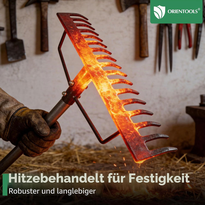 ORIENTOOLS Gartenrechen, schwere Ausführung, 44 cm Breite, 160 cm Stiellänge, 1,7 kg für Boden locke