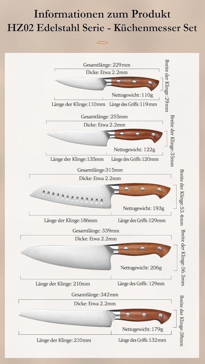 HEZHEN Messerset Profi Küchenmesser Set 5-Teilig，German Stahl Kochmesser Santoku Universal Tranchier