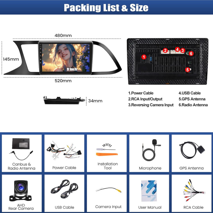 CAMECHO 2+64G 9 Zoll Navi Autoradio für Seat Leon 2015-2018 Android 13 mit Rückfahrkamera, GPS, WiFi