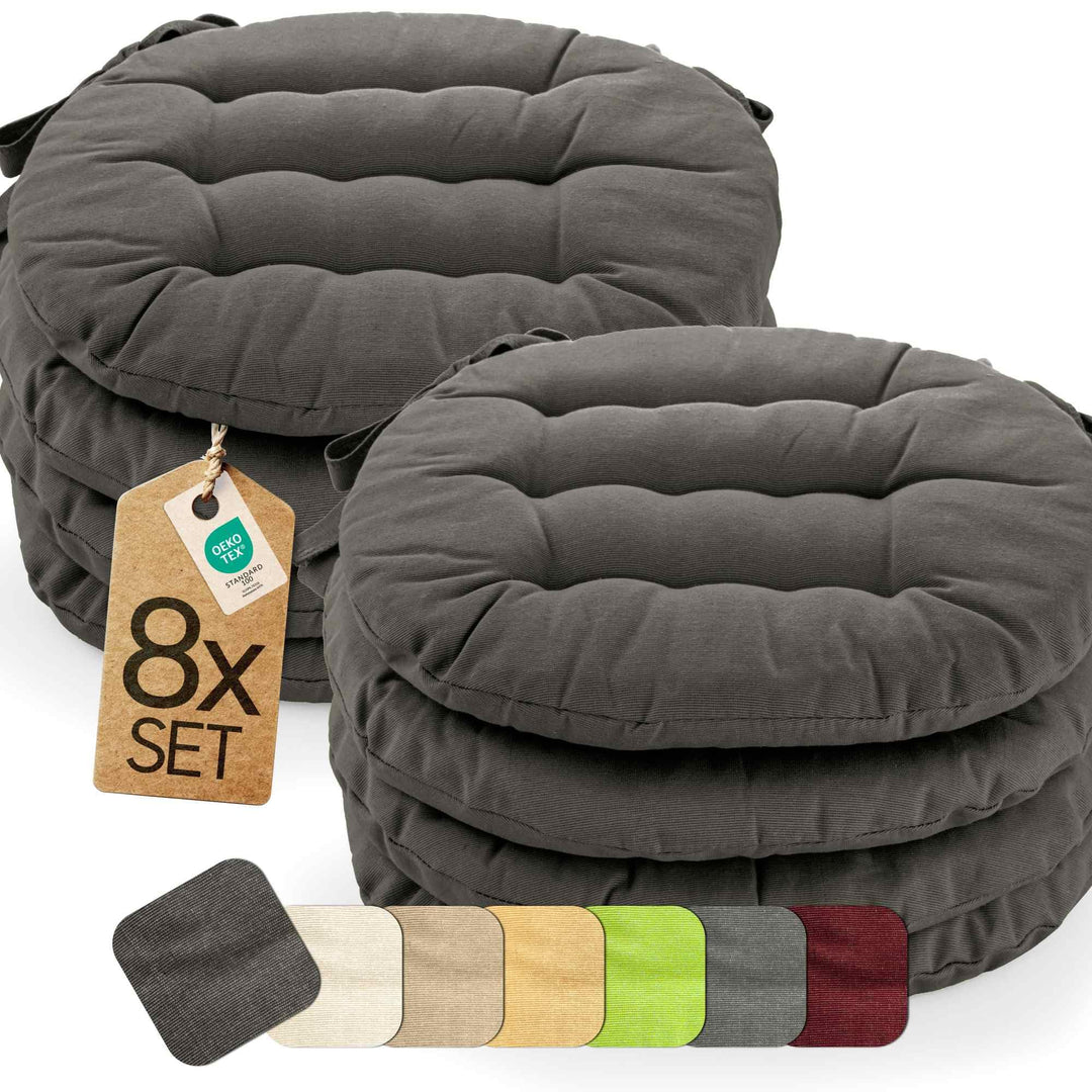 etérea 8er Set Sitzkissen Outdoor 38x38 Rund mit Bändern - Stuhlkissen Anthrazit für Gartenstuhl &amp; I