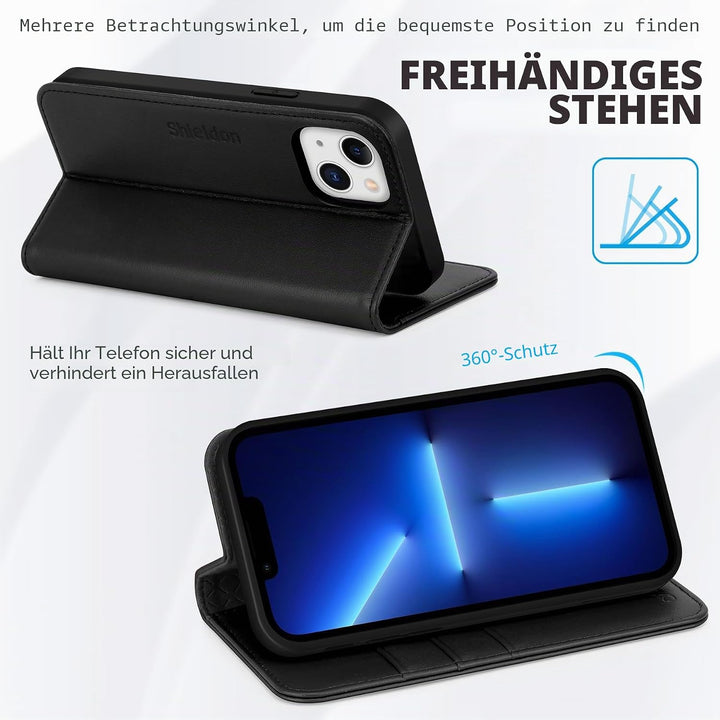 SHIELDON Hülle für iPhone 13 5G Handyhülle [Echtleder] [Stossfest] [Kartenfach] [Magnet] [Standfunkt