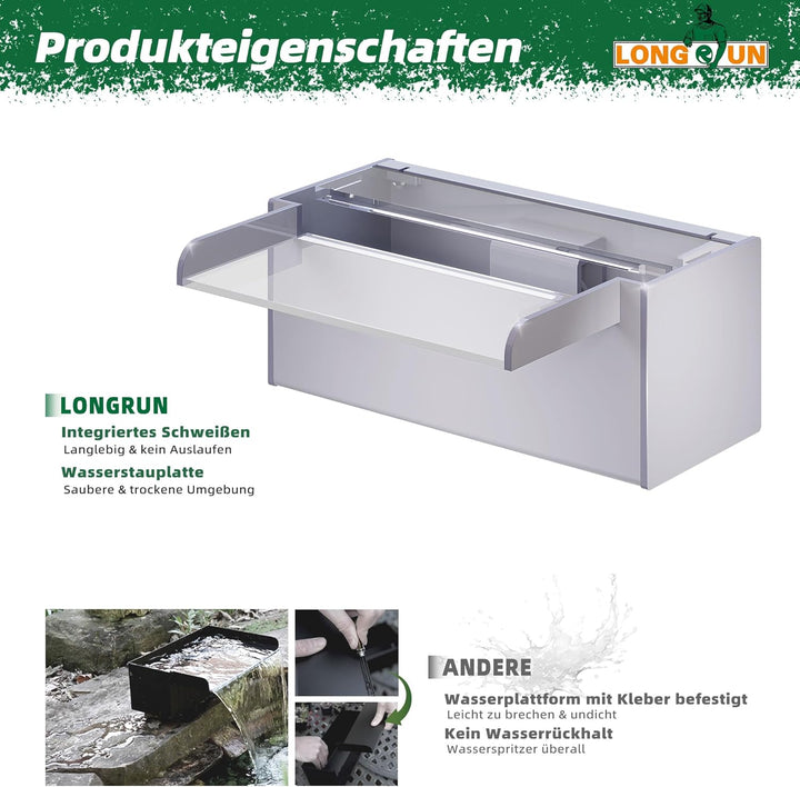 LONGRUN 30cm Teich-Wasserfall,Acryl Pool-Wasserfall mit Wasserpumpe,7 Farben Bluetooth LED Garten Br