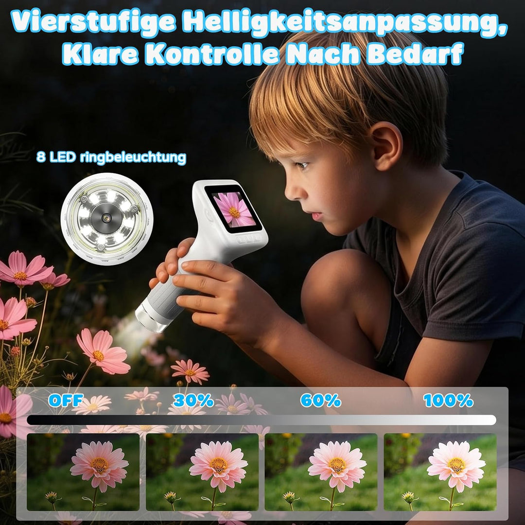 Digitales Mikroskop Kinder 1000x, 3,0-Zoll-Handmikroskop (Weiss) | Tragbares Kindermikroskop mit 8 L