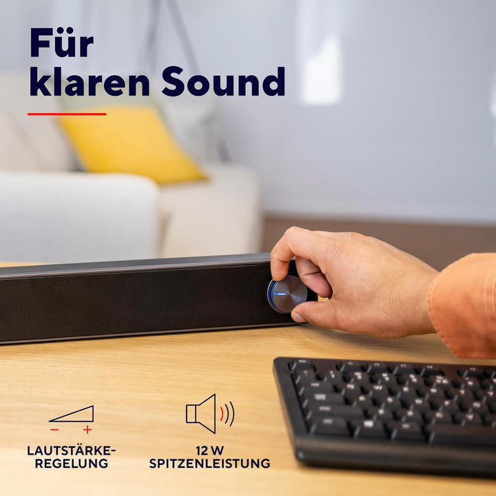 Trust Arys Soundbar, PC Lautsprecher, USB Betrieb, 12 W Spitzenleistung, 3,5 mm AUX Anschluss, Compu