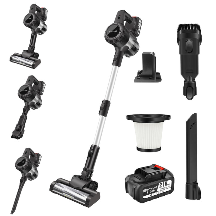 DayPlus 500W Akku Staubsauger Kabellos mit 2 x 3.0Ah Batteria, 15000Pa Handstaubsauger mit Rotierend