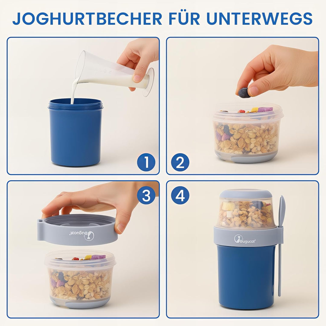 Bugucat 2in1 Müslibecher to Go 560ml+310ml, Praktischer Joghurtbecher & Müslibecher für Picknick 2er