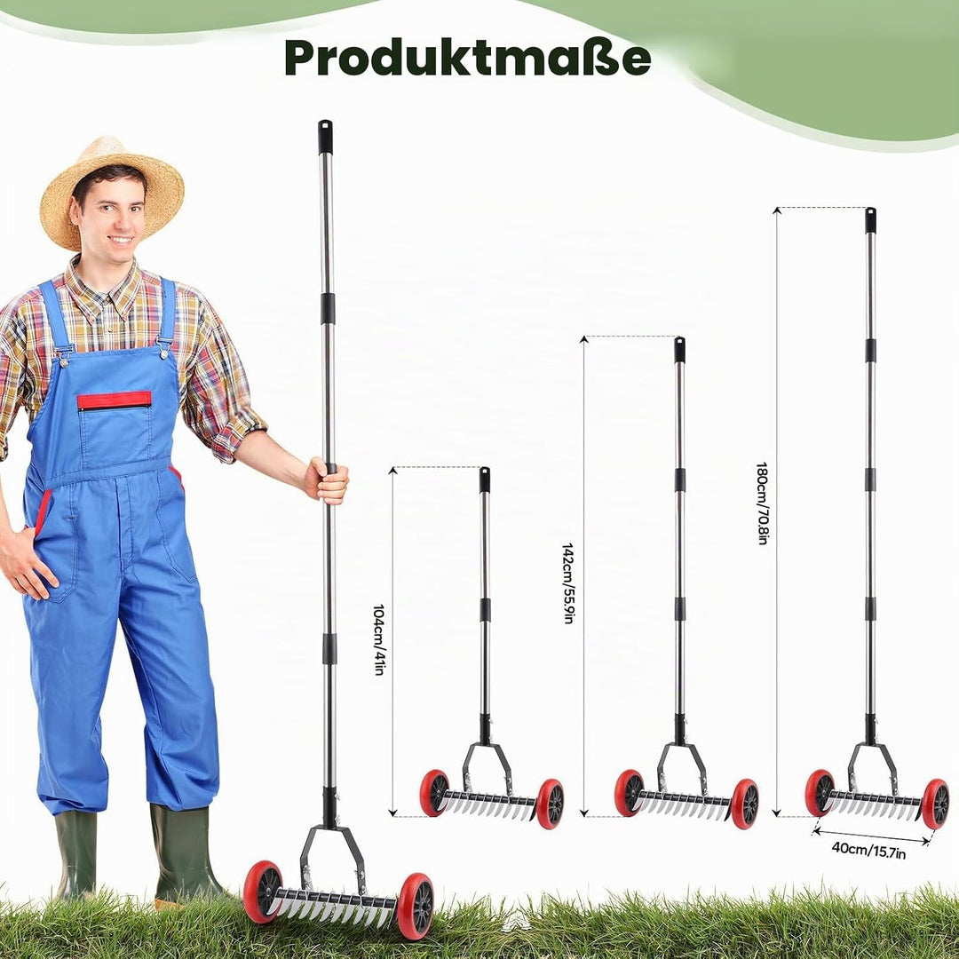 Hand-Vertikutierer mit 40 cm Arbeitsbreite, 12 Edelstahlmessern, Vertikutierer mit leichtlaufenden R