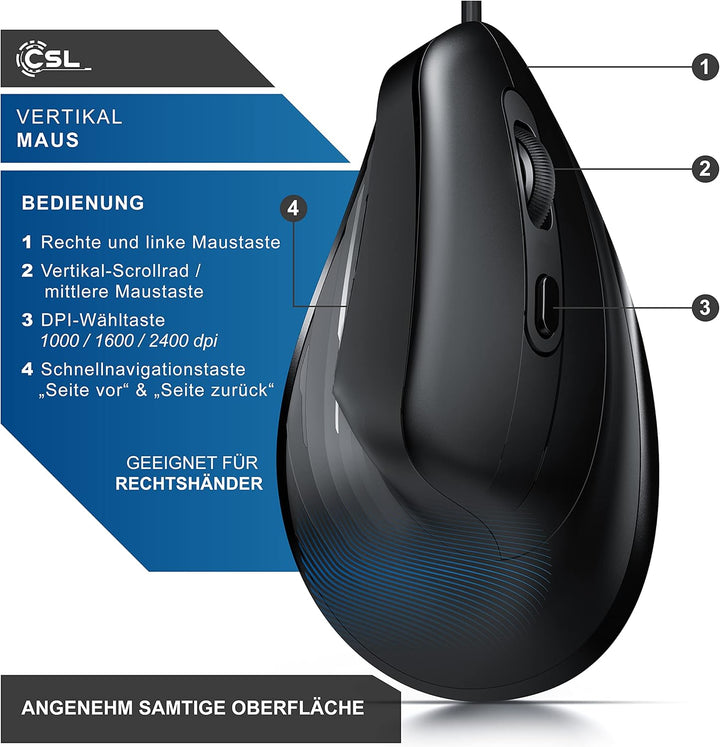 CSL - ergonomische Maus 6400 DPI - neues Modell - Vertikal mit Kabel - USB Vertical Mouse – ergonomi