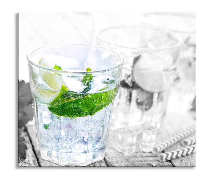 Mojito-Gläser mit Minze Herdabdeckplatte & Spritzschutz aus Echtglas | Für Herd-Kochfelder | 60x52 c