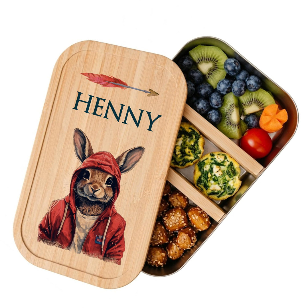 Manufaktur Liebevoll - Personalisierte Brotdose mit Fächern, Edelstahl Lunchbox mit Bambus Deckel u.