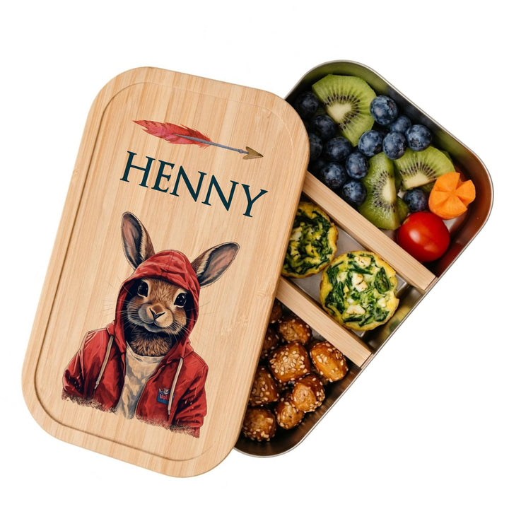 Manufaktur Liebevoll - Personalisierte Brotdose mit Fächern, Edelstahl Lunchbox mit Bambus Deckel u.