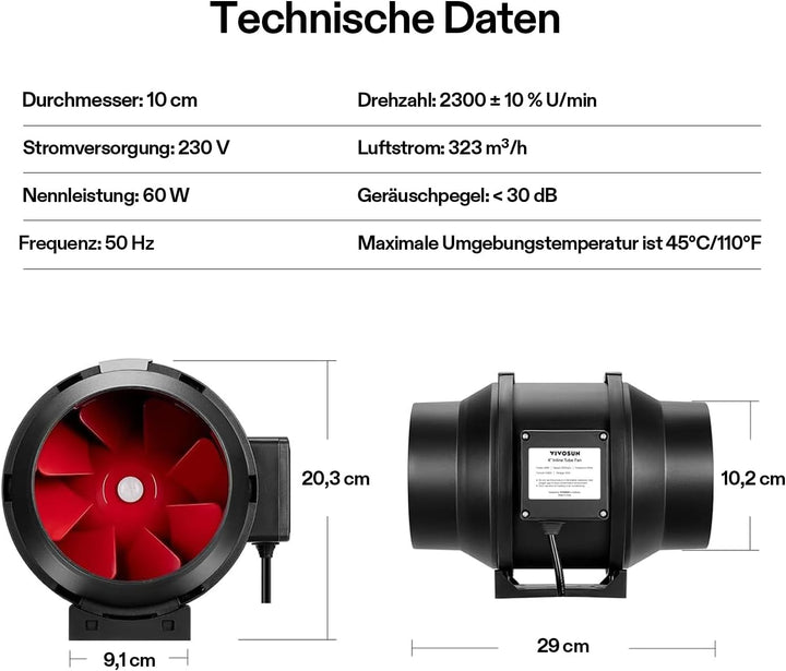VIVOSUN Rohrventilator 100mm, 323m³/h EC-Motor leiser Rohrlüfter, Abluftventilator mit Geschwindigke