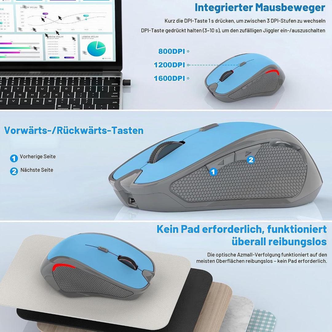 Ergonomische Maus Kabellos für Laptop/PC/MacBook/iPad, 2.4GHz &amp; Bluetooth Büro Stumme Funkmaus, 1600