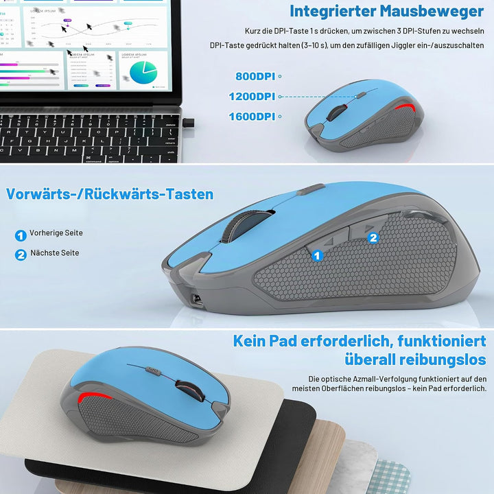Ergonomische Maus Kabellos für Laptop/PC/MacBook/iPad, 2.4GHz &amp; Bluetooth Büro Stumme Funkmaus, 1600