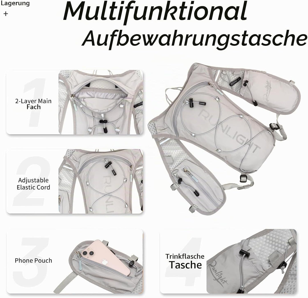 Runlight Laufweste für Damen und Herren,Verstellbare Brustgurte, Trinkweste Laufen mit 1500ml Wasser