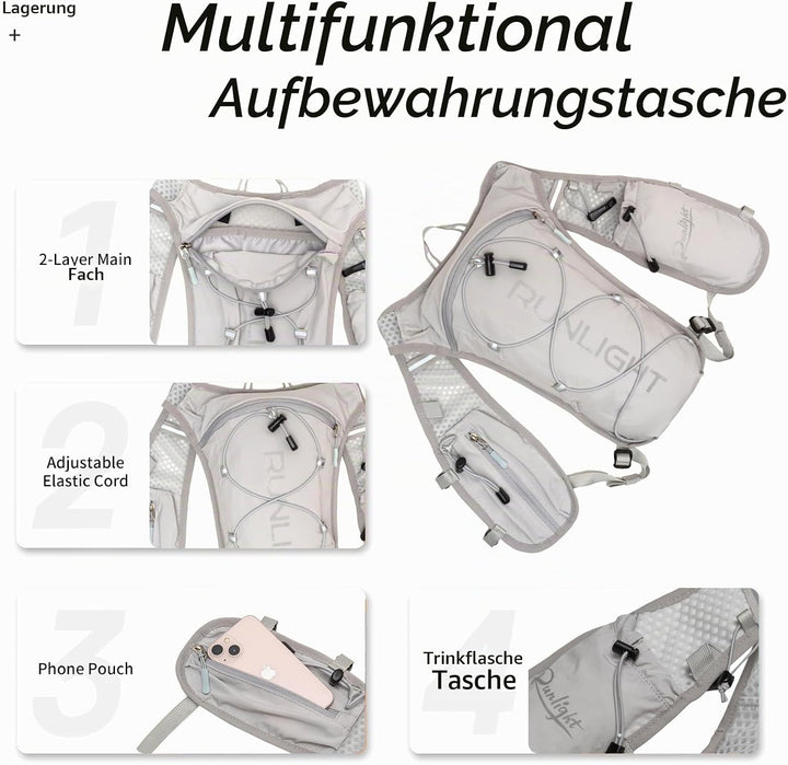 Runlight Laufweste für Damen und Herren,Verstellbare Brustgurte, Trinkweste Laufen mit 1500ml Wasser