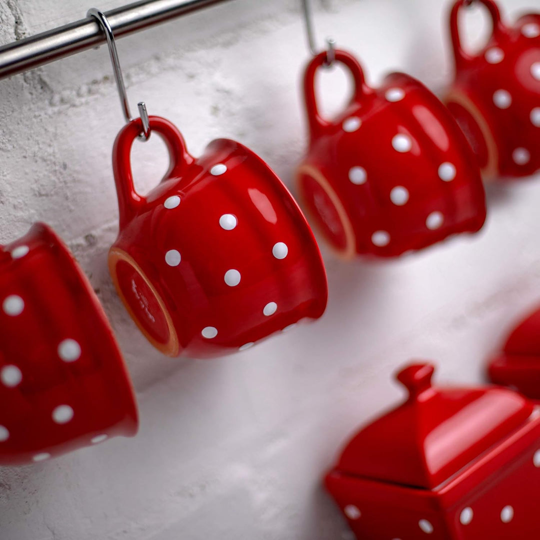 City to Cottage® - Keramik Kaffebecher Teetasse 350 ml | Rot und Weiss | Polka Dots | Handgemacht |