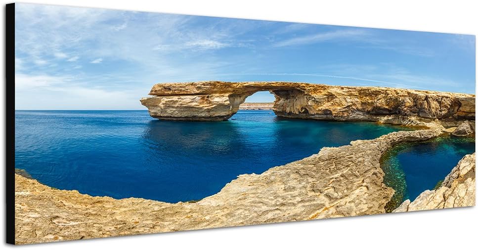 Paul Sinus Art Panoramabild auf Leinwand und Keilrahmen 150x50cm Malta Felsen Meer Sommer Wolkenschl
