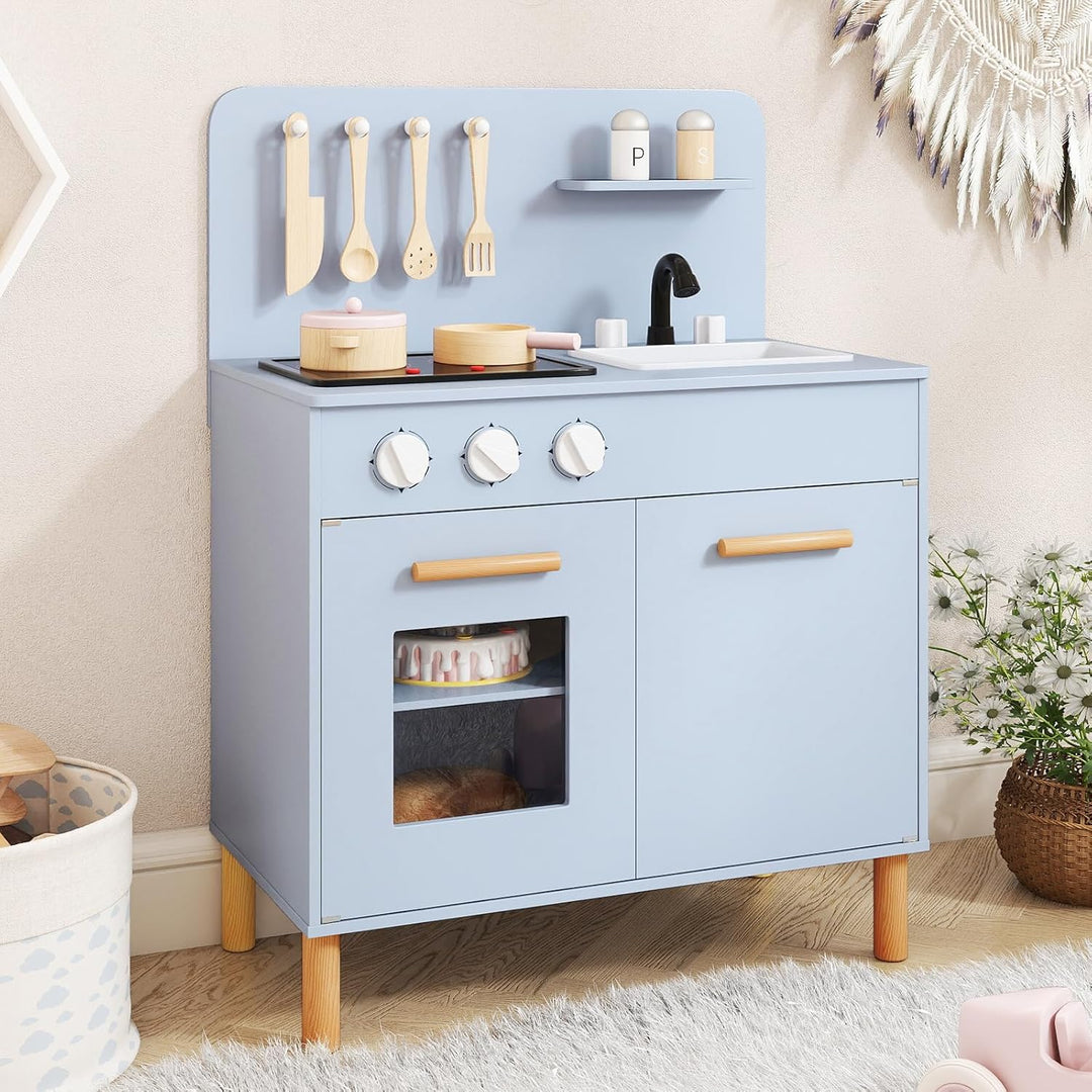 COSTWAY Kinderküche mit 10 Zubehör, Spielküche Holz mit Licht und Sound, Spielzeugküche mit Herd & S