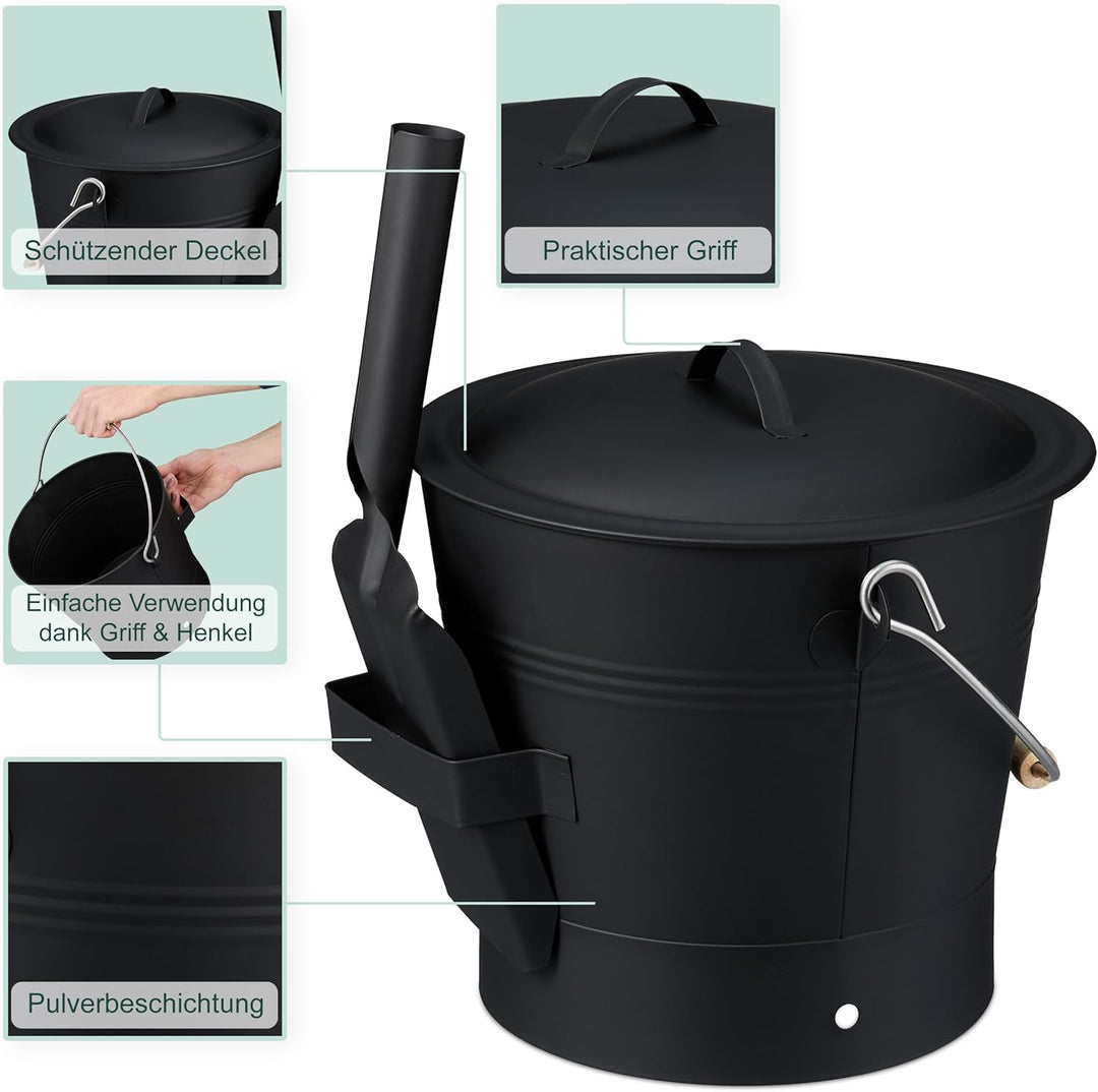 Relaxdays Ascheeimer mit Deckel und Kehrset, 7,5 L, inkl. Aschebesen & Kaminschaufel, Aschebehälter