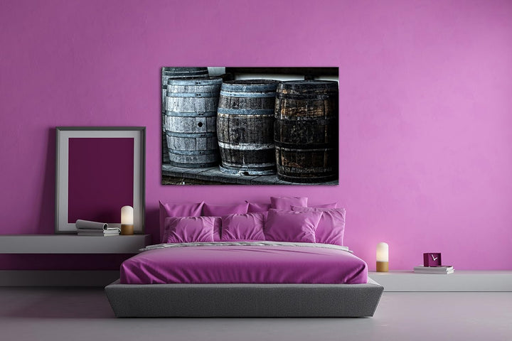 deyoli alte Holzfässer mit Wein im Format: 80x60 als Leinwandbild, Motiv fertig gerahmt auf Echtholz