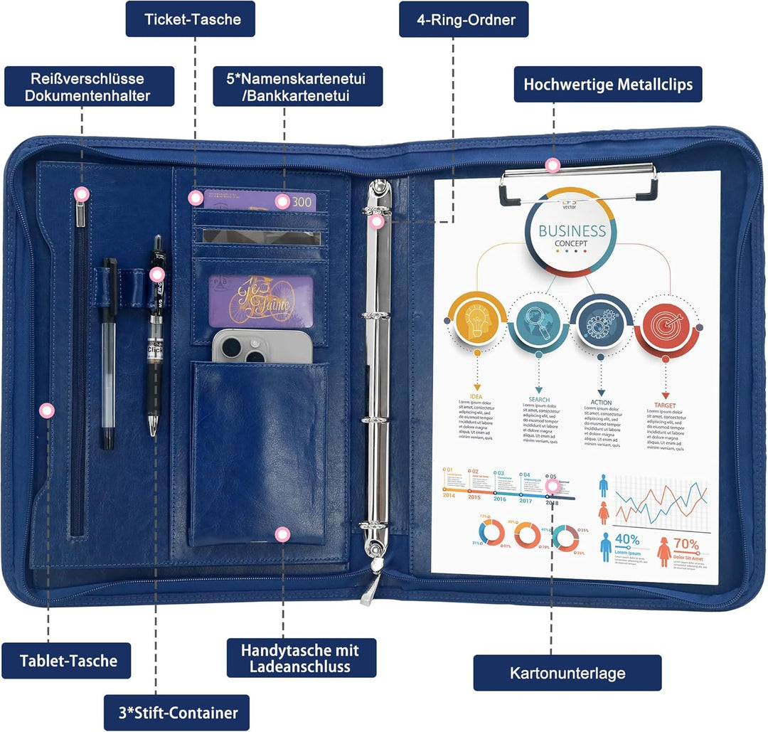 Schreibmappe 4 Ringbuch A4 Konferenzmappe Reissverschluss Leder Wasserdicht Organizer Mappe Dokument