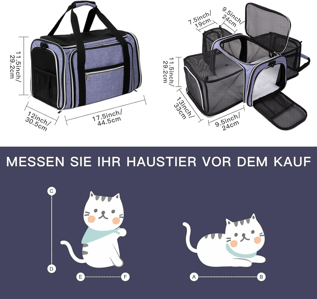 BAGLHER Erweiterbare Katzentrage mit Reise-Klo, Haustierreise, 5 Seiten offene Türen, 3 Seiten, ausl