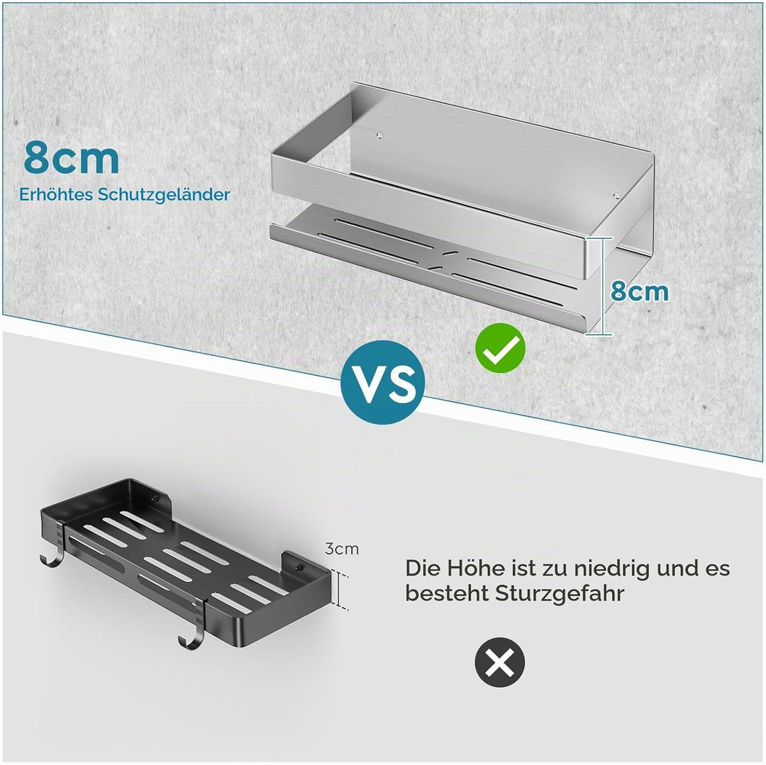 EXLECO 2x23CM Duschablage Ohne Bohren Duschregal Wand Edelstahl Badregal mit 8 Haken Duschkorb zum B