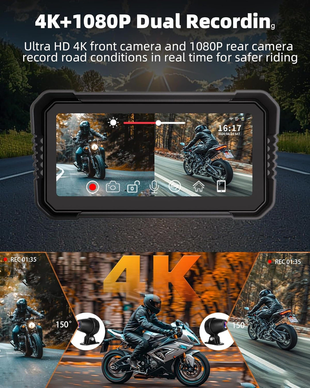 Jansite 4K Dashcam Motorrad Carplay Android Auto Bildschirm, 6,25 Zoll Motorrad Navigationsgeräte mi