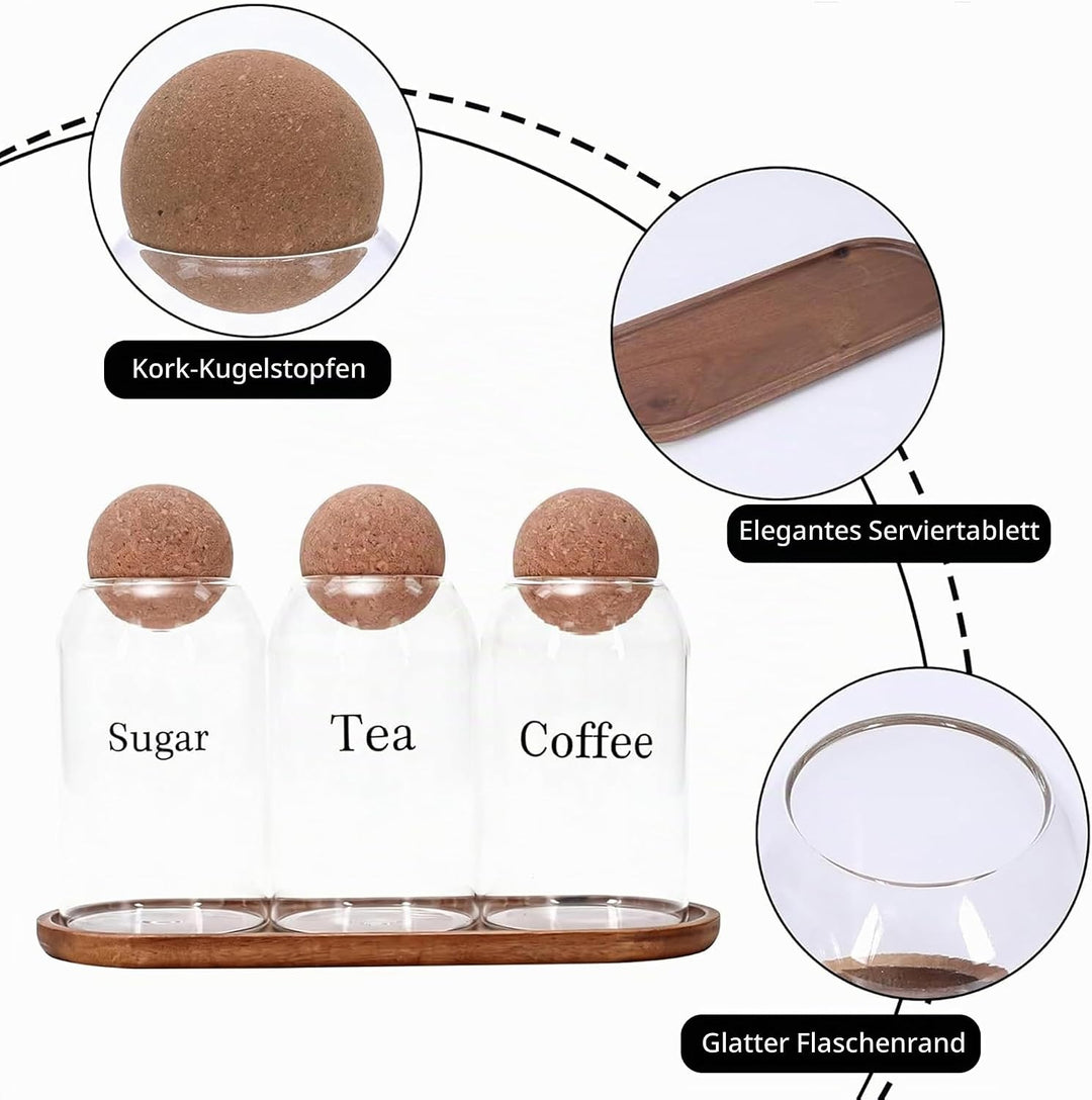 Kaffeedose 500ml 3er Set Enthält Kaffeebehälter, Teedose und Zuckerdose Glas, Kaffeebohnen Behälter