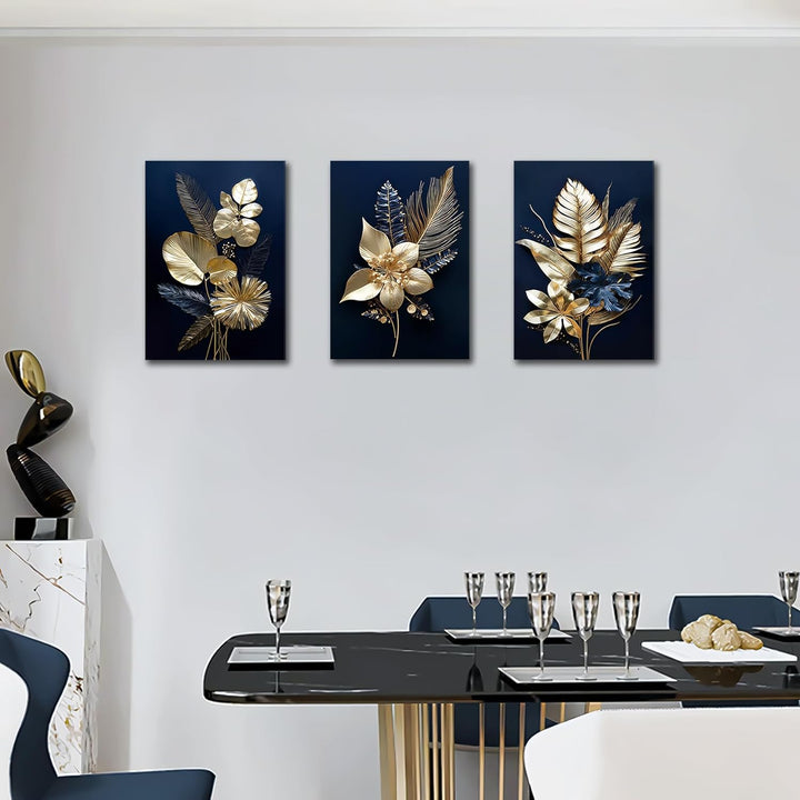 3 Panels 3D Marineblaue Goldblumen Mit Rahmen Leinwand Bilder Monstera Kokosnuss Blätter Bild auf Le