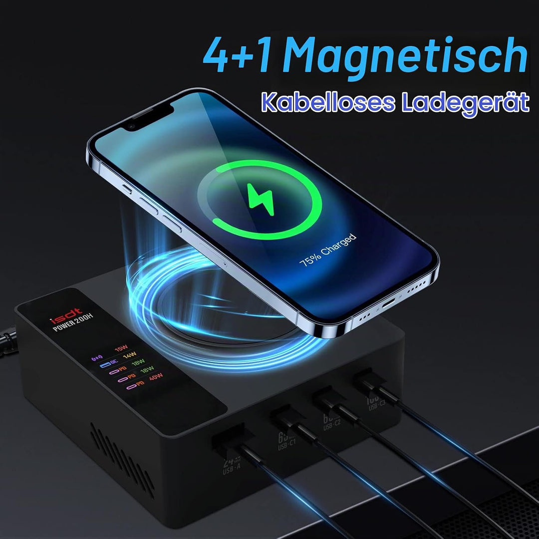 ISDT 200H Wandladegerät Kabelloses Desktop Laden USB C Ports(100W Max),4+1 Port Kompatibel mit Lapto