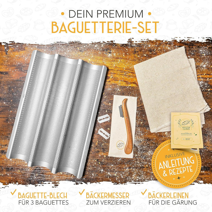 KRUSTENZAUBER Baguette Backform Antihaft inkl. Bäckerleinen u. Bäckermesser - 3er Baguette-Backblech