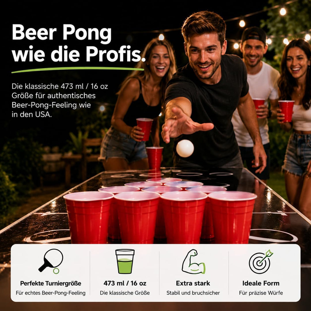 Red Cups extra stark – 473 ml / 16 oz Beer Pong Becher, wiederverwendbare Partybecher, rote Plastikb