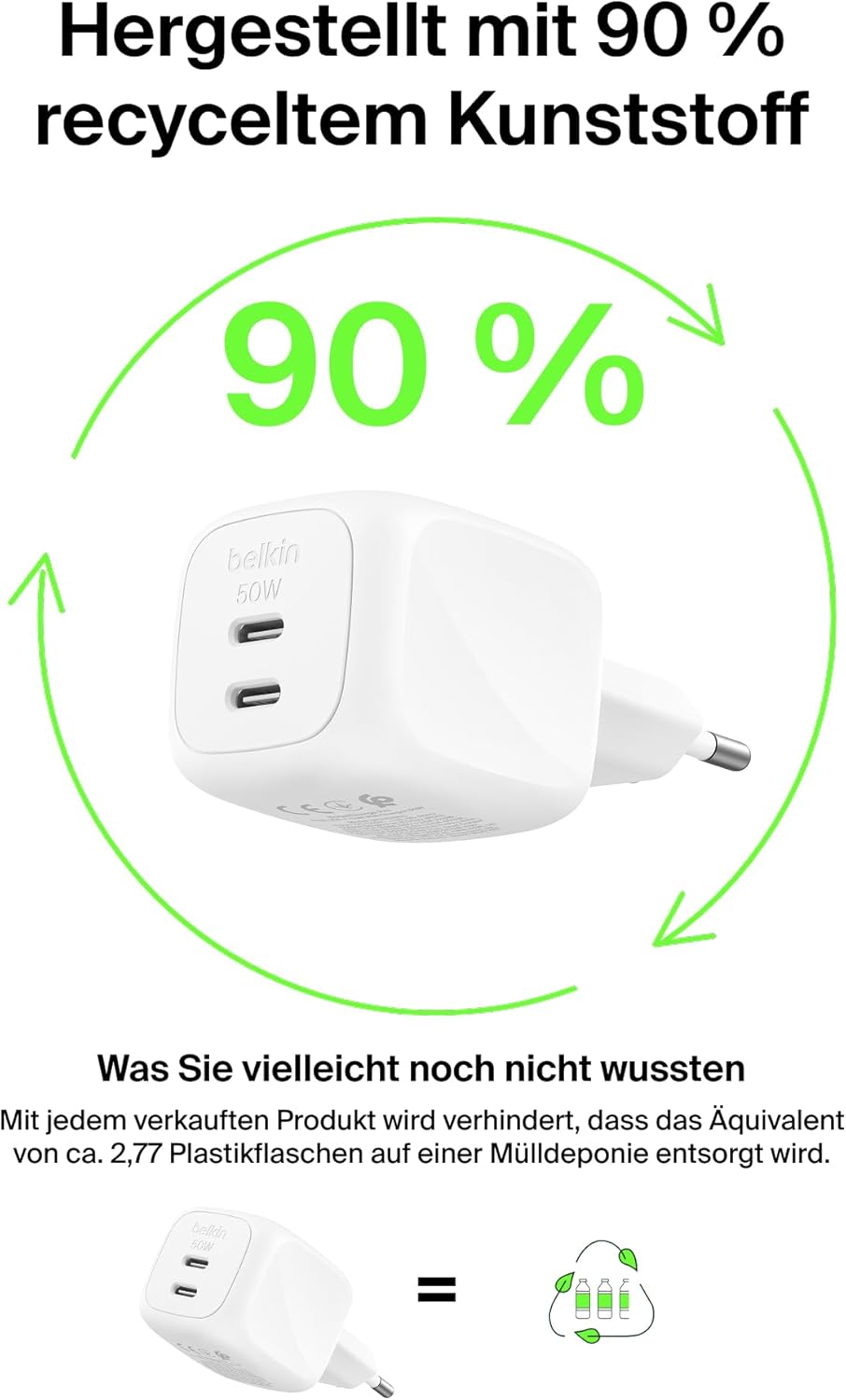 Belkin SmartProtect 2 Port USB C Ladegerät, 50W, GaN-Ladegerät mit 2 Anschlüssen, 1 m USB-C-Kabel, S