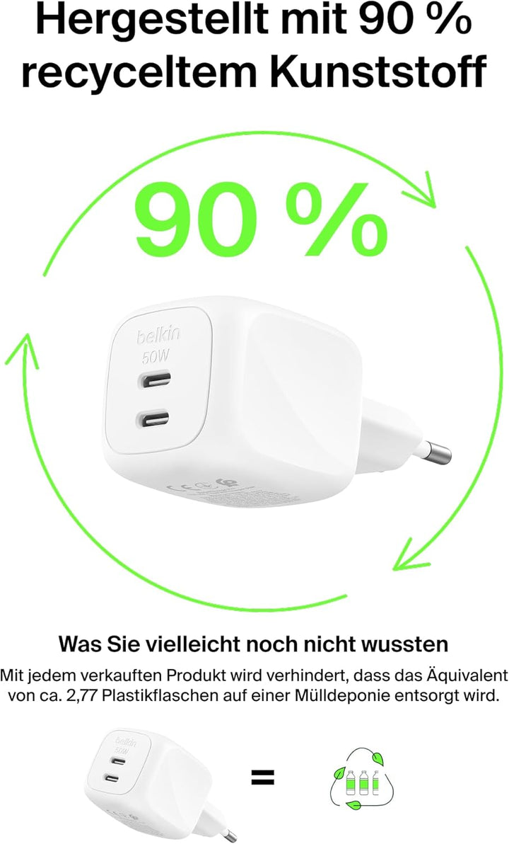 Belkin SmartProtect 2 Port USB C Ladegerät, 50W, GaN-Ladegerät mit 2 Anschlüssen, 1 m USB-C-Kabel, S