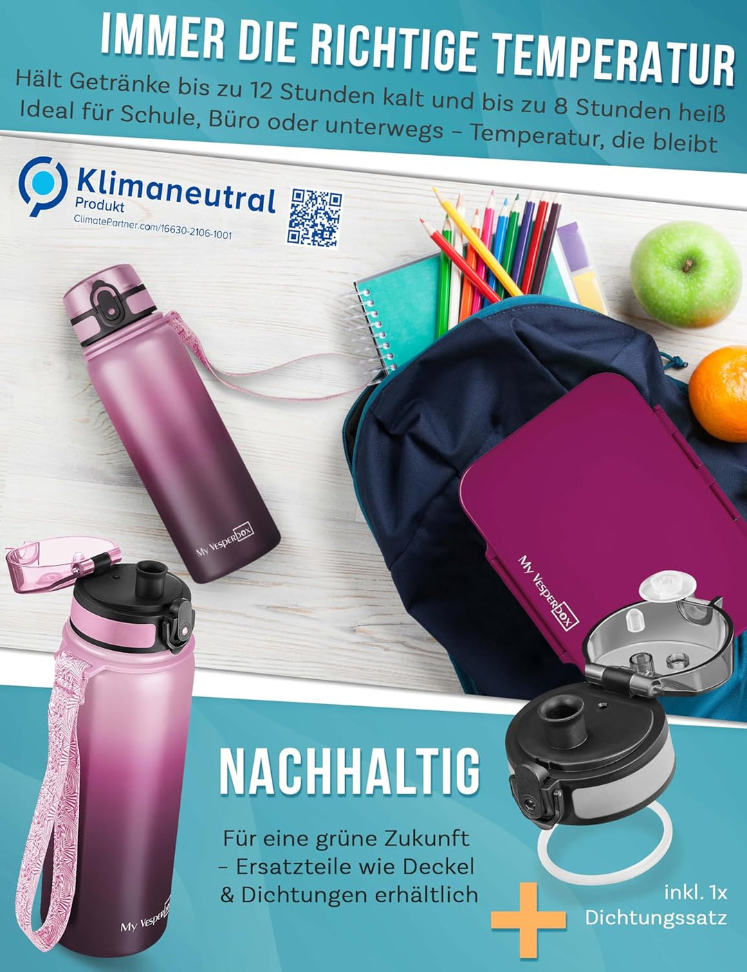 MY VESPERBOX® Edelstahl Thermosflasche Kinder [INK. STROHHALM & SIEB] - Isolierflasche für Jungen &