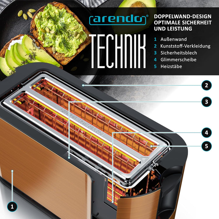 Arendo - Edelstahl Toaster Langschlitz 4 Scheiben- Touchscreen – Doppelwandgehäuse – Integrierter Br