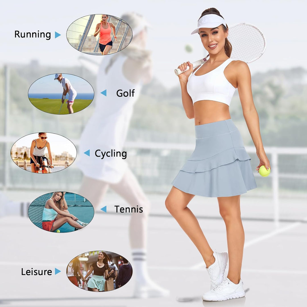 Soneven Hosenrock Damen Knielang Tennis Rock mit Hose Drunter Mädchen Pleated Wanderrock Sommer Spo