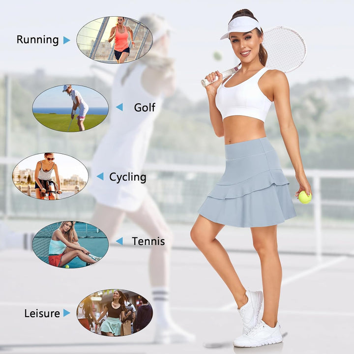 Soneven Hosenrock Damen Knielang Tennis Rock mit Hose Drunter Mädchen Pleated Wanderrock Sommer Spo