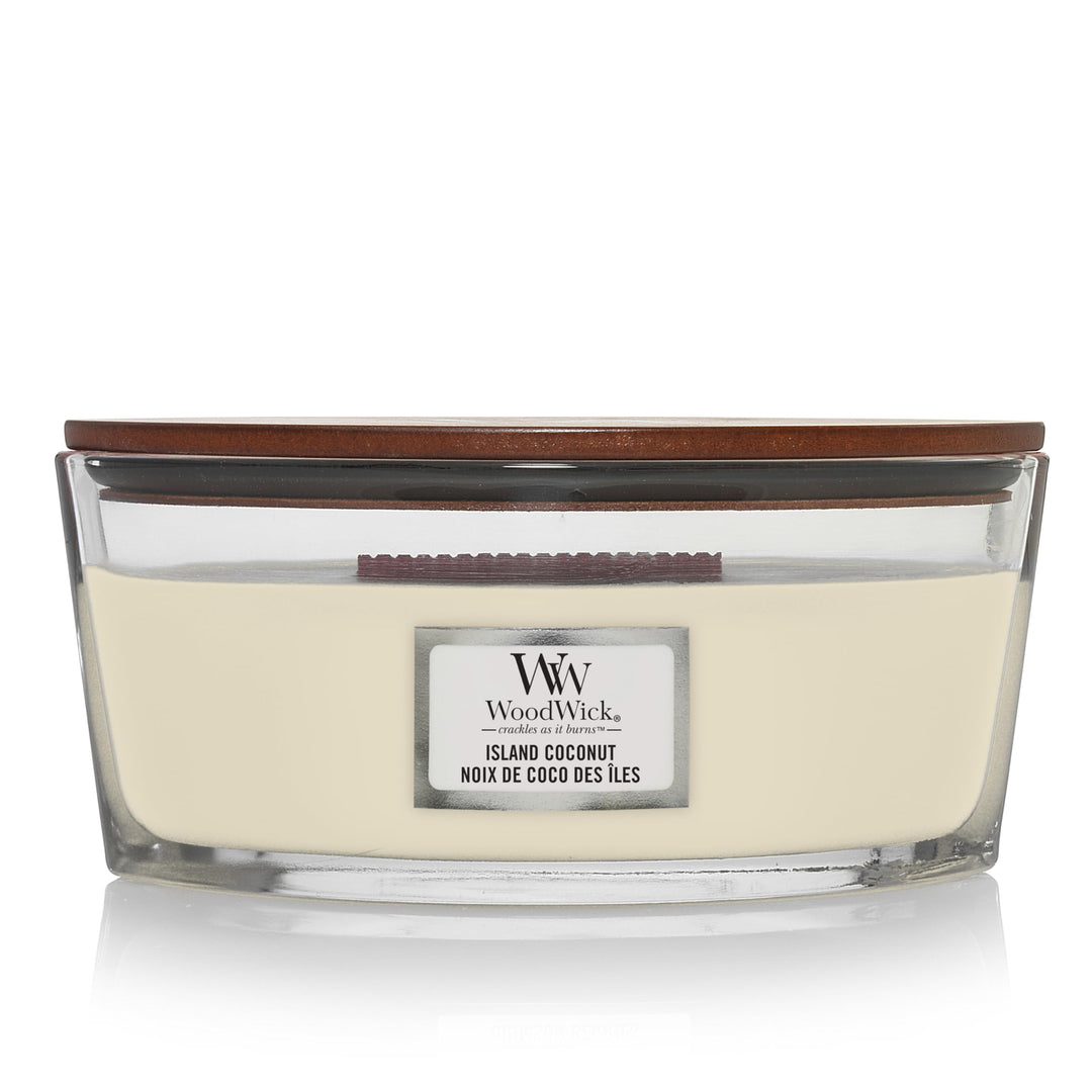 Ellipsenförmige WoodWick Duftkerze mit knisterndem Docht, Island Coconut, bis zu 50 Stunden Brenndau