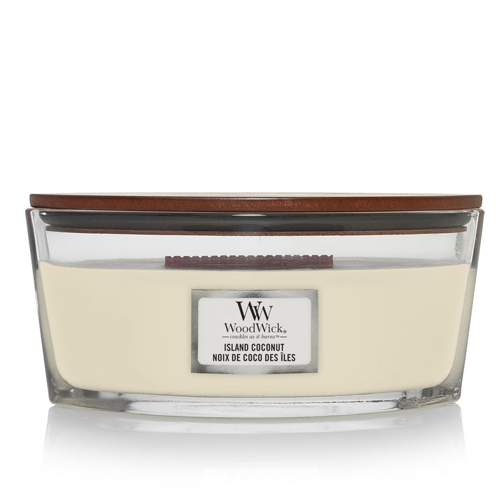 Ellipsenförmige WoodWick Duftkerze mit knisterndem Docht, Island Coconut, bis zu 50 Stunden Brenndau