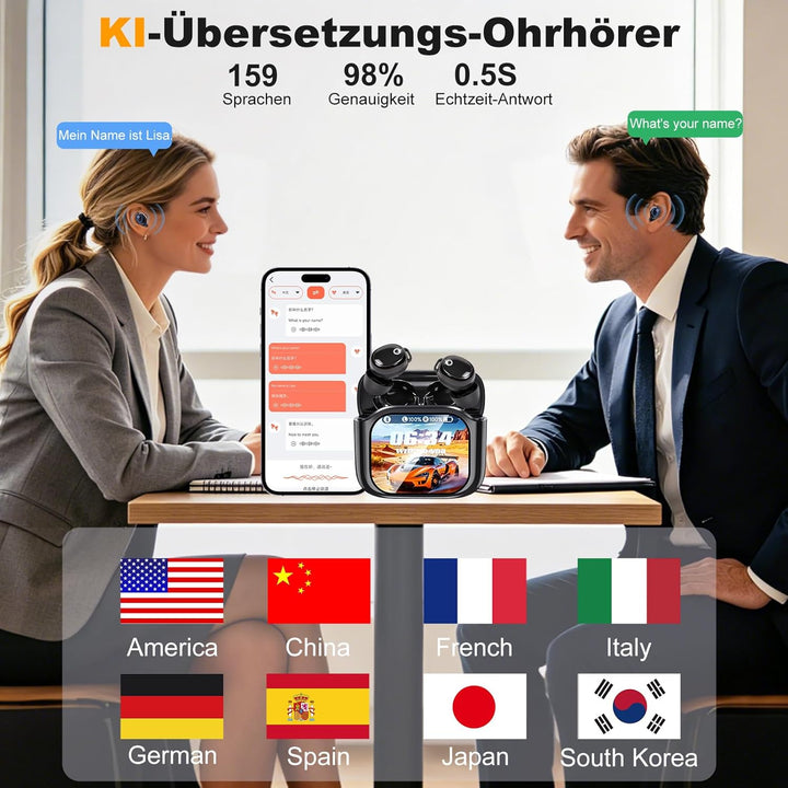 KI Übersetzer Kopfhörer, 159 Sprachen Übersetzungskopfhörer mit Touchscreen & App, Bluetooth 6.0 In