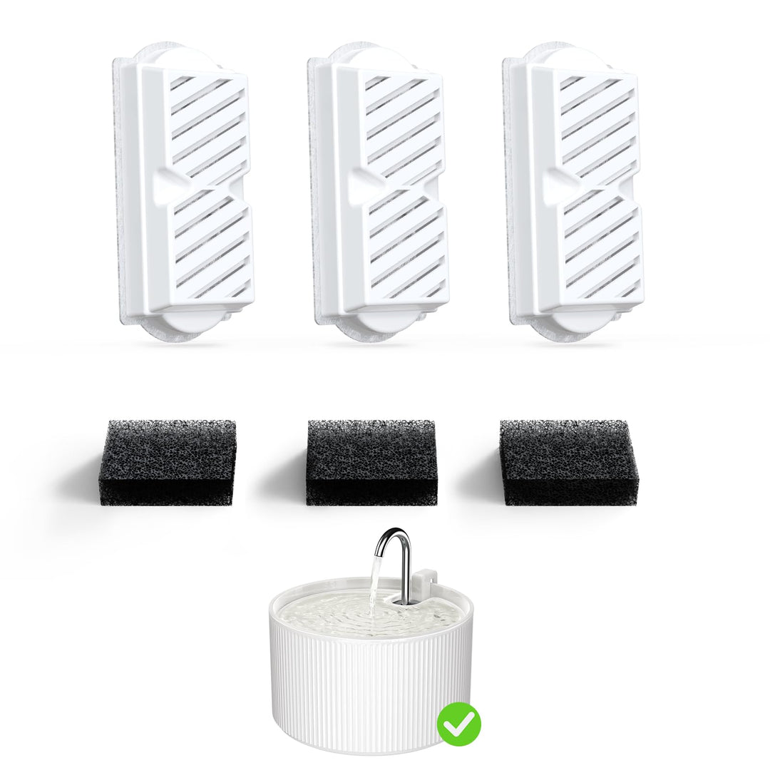 VOLUAS Filter für Katzenbrunnen – 3 Aktivkohlefilter + 3 Vorfilter-Schwämme – Kompatibel mit 2,2L Ke