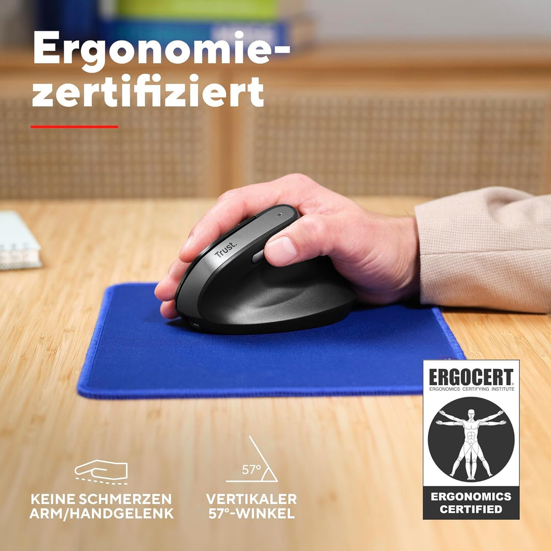 Trust Yuno Wiederaufladbare Vertikale Maus, Kabellose Ergonomische Maus 2.4GHz, Vorbeugung Gegen Mau