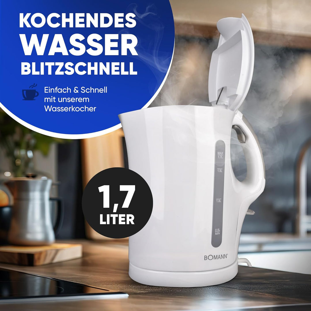 Bomann WK 5011 CB Wasserkocher, 1,7 Liter Fassungsvermögen, 2 aussenliegende Wasserstandsanzeigen, E