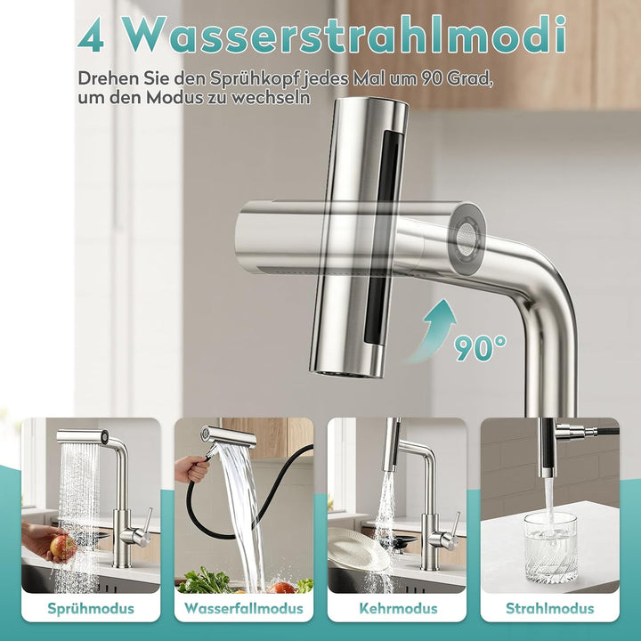 MIAOHUI Wasserhahn Küche mit Glasspüler, 4 Funktionen Armatur Küche Ausziehbar, Einhebel küchenwasse